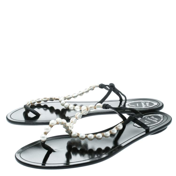 Pre Owned René Caovilla Faux Pearl Embellished Flat Thong Sandals Size 41