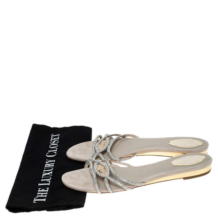 Pre Owned  René Caovilla Cream Cystal Embellished Satin Flat Slides Size 41