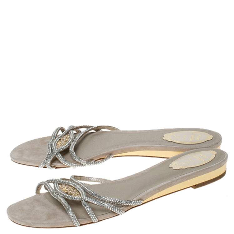 Pre Owned  René Caovilla Cream Cystal Embellished Satin Flat Slides Size 41