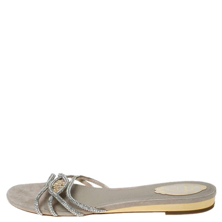 Pre Owned  René Caovilla Cream Cystal Embellished Satin Flat Slides Size 41