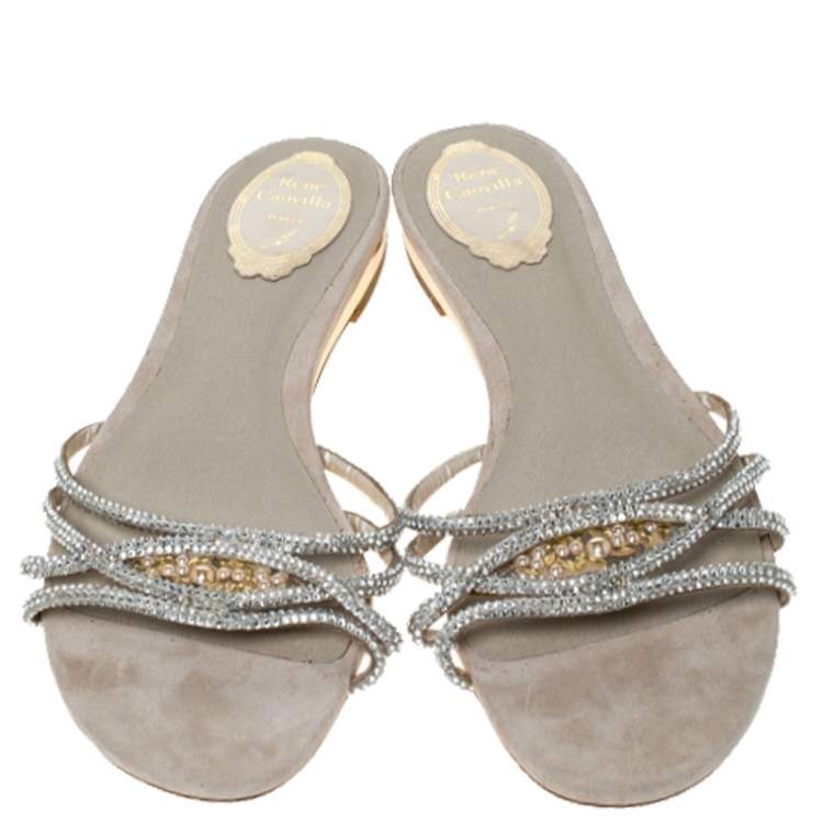 Pre Owned  René Caovilla Cream Cystal Embellished Satin Flat Slides Size 41