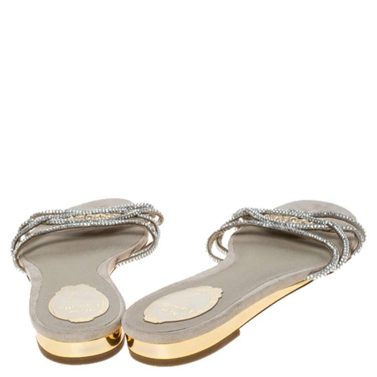 Pre Owned  René Caovilla Cream Cystal Embellished Satin Flat Slides Size 41