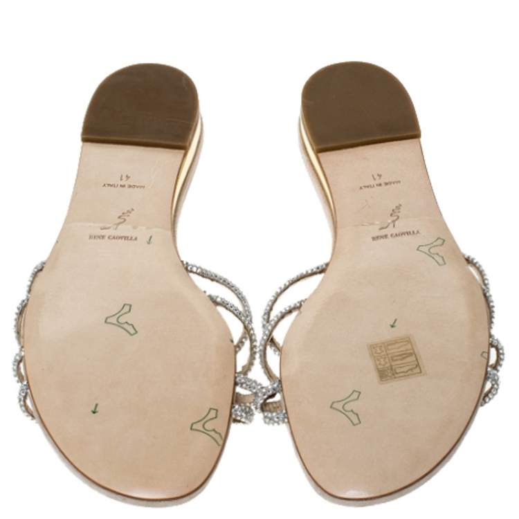 Pre Owned  René Caovilla Cream Cystal Embellished Satin Flat Slides Size 41