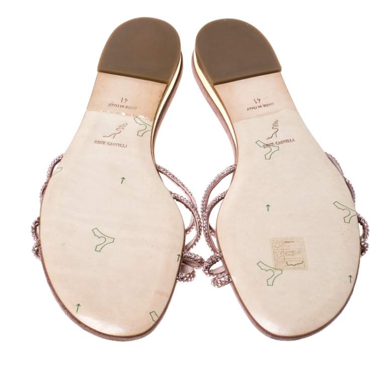 Pre Owned  René Caovilla Pink Embellished Satin Flat Slides Size 41