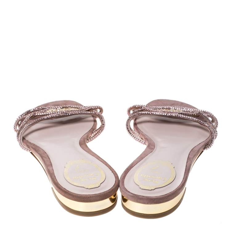 Pre Owned  René Caovilla Pink Embellished Satin Flat Slides Size 41