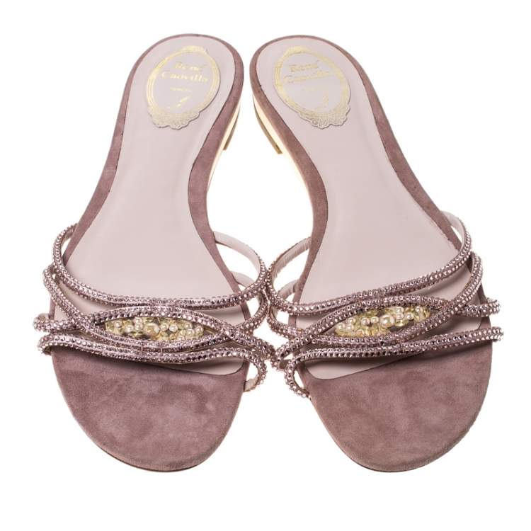 Pre Owned  René Caovilla Pink Embellished Satin Flat Slides Size 41