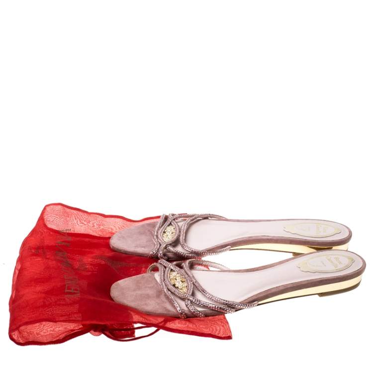 Pre Owned  René Caovilla Pink Embellished Satin Flat Slides Size 41