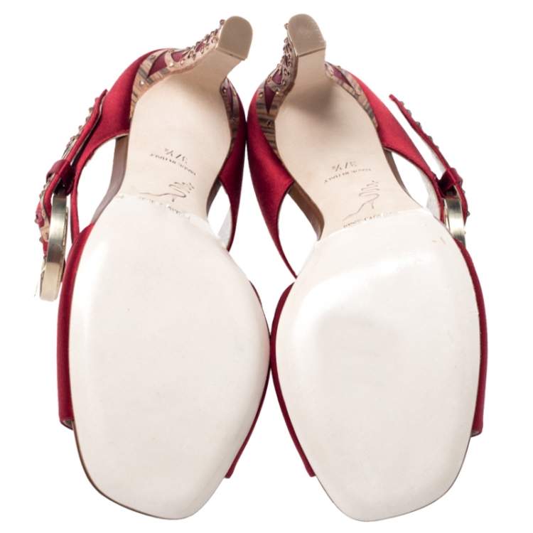 Pre Owned Rene Caovilla Red Satin Embellished Buckle Sandals Size 37.5