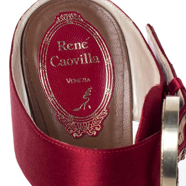 Pre Owned Rene Caovilla Red Satin Embellished Buckle Sandals Size 37.5