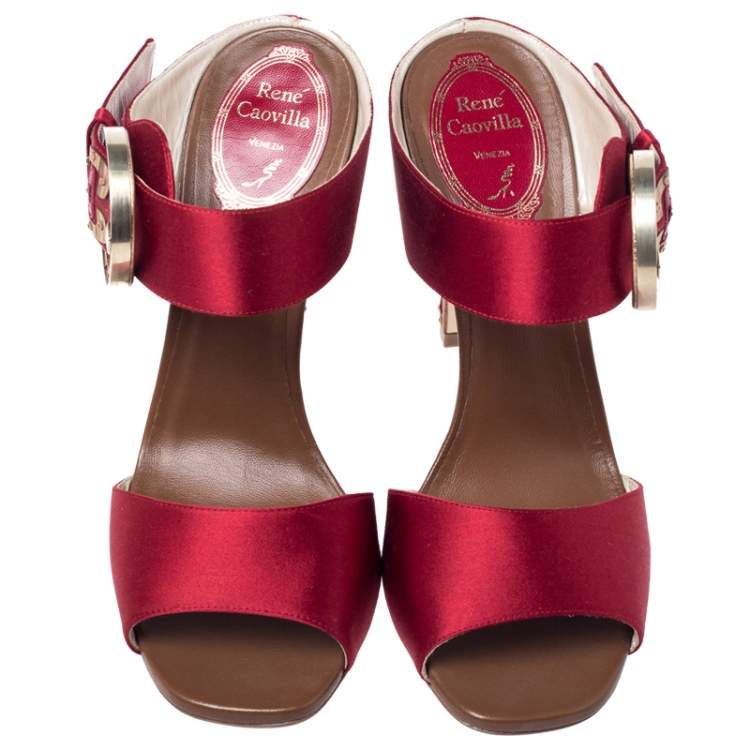 Pre Owned Rene Caovilla Red Satin Embellished Buckle Sandals Size 37.5