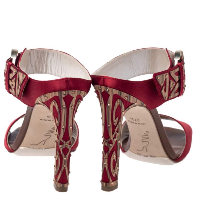 Pre Owned Rene Caovilla Red Satin Embellished Buckle Sandals Size 37.5