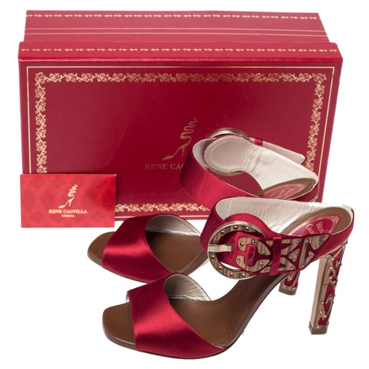 Pre Owned Rene Caovilla Red Satin Embellished Buckle Sandals Size 37.5