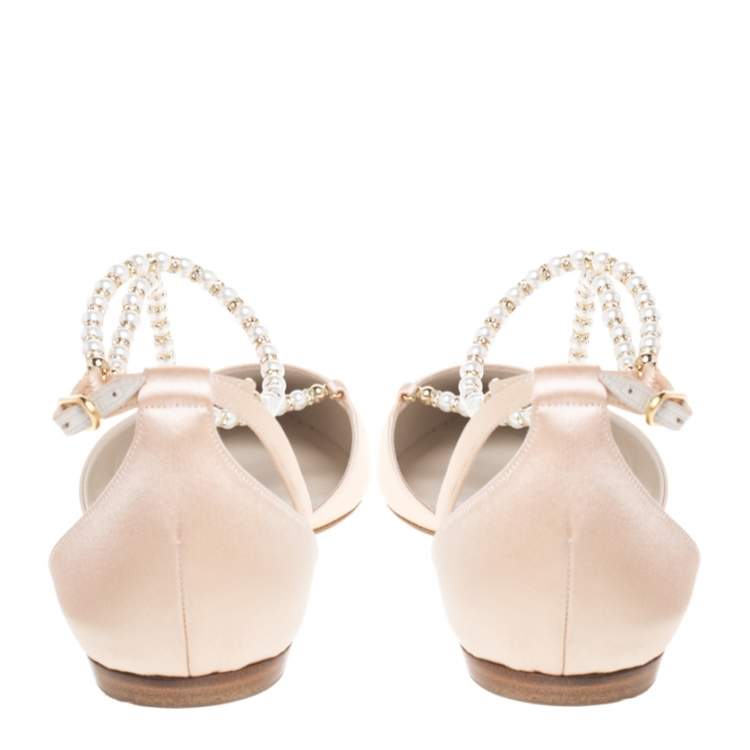 Pre Owned Renè Caovilla Beige Satin Faux Pearl Ankle Wrap Pointed Toe Flats Size 40.5