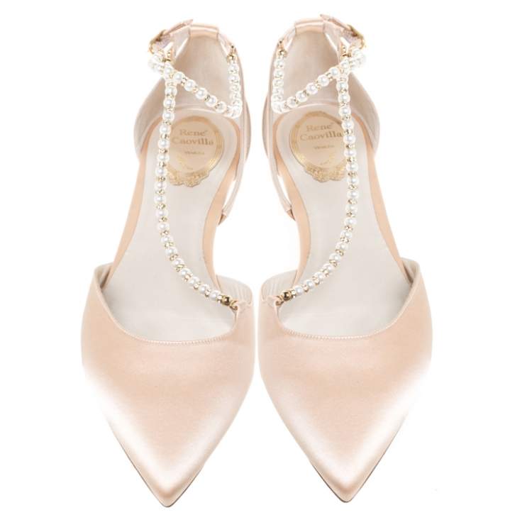 Pre Owned Renè Caovilla Beige Satin Faux Pearl Ankle Wrap Pointed Toe Flats Size 40.5