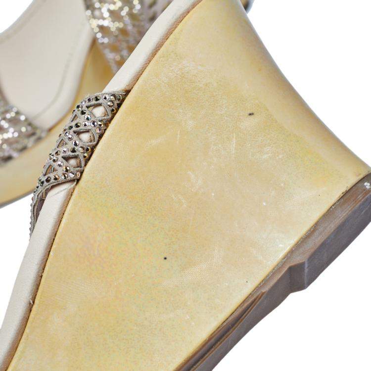 Pre Owned René Caovilla Beige Crystal Embellished Laser Cut Suede Wedge Slides Size 40