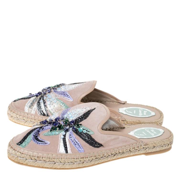 Pre Owned Rene Caovilla Beige Embroidered Suede And Crystal Embellished Espadrille Flats Size 38