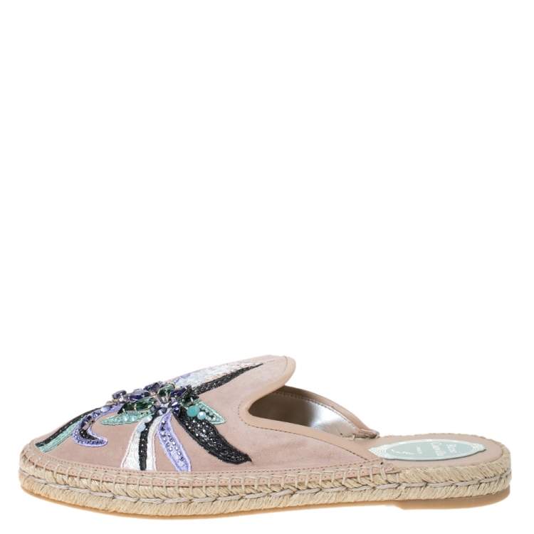 Pre Owned Rene Caovilla Beige Embroidered Suede And Crystal Embellished Espadrille Flats Size 38