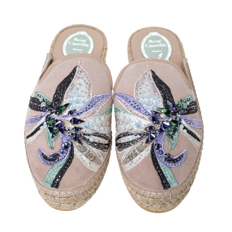Pre Owned Rene Caovilla Beige Embroidered Suede And Crystal Embellished Espadrille Flats Size 38