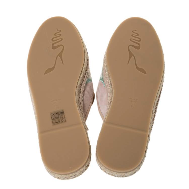 Pre Owned Rene Caovilla Beige Embroidered Suede And Crystal Embellished Espadrille Flats Size 38