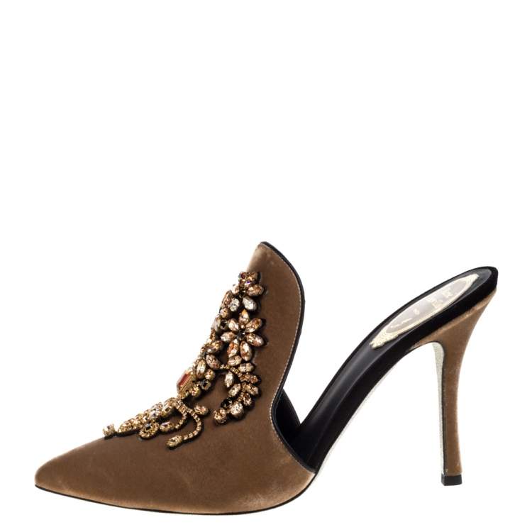 Pre Owned René Caovilla Brown Velvet Jewel Embellished Slide Mules Size 38