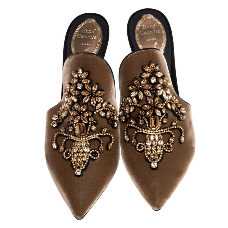 Pre Owned René Caovilla Brown Velvet Jewel Embellished Slide Mules Size 38