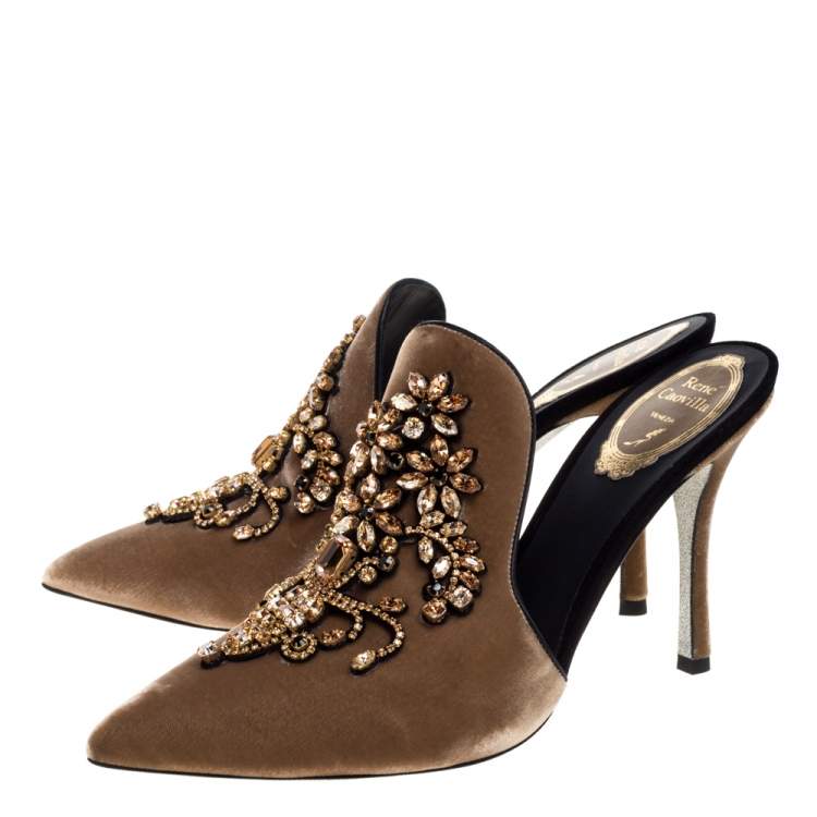 Pre Owned René Caovilla Brown Velvet Jewel Embellished Slide Mules Size 38