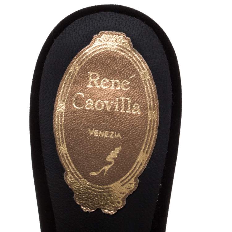 Pre Owned René Caovilla Brown Velvet Jewel Embellished Slide Mules Size 38