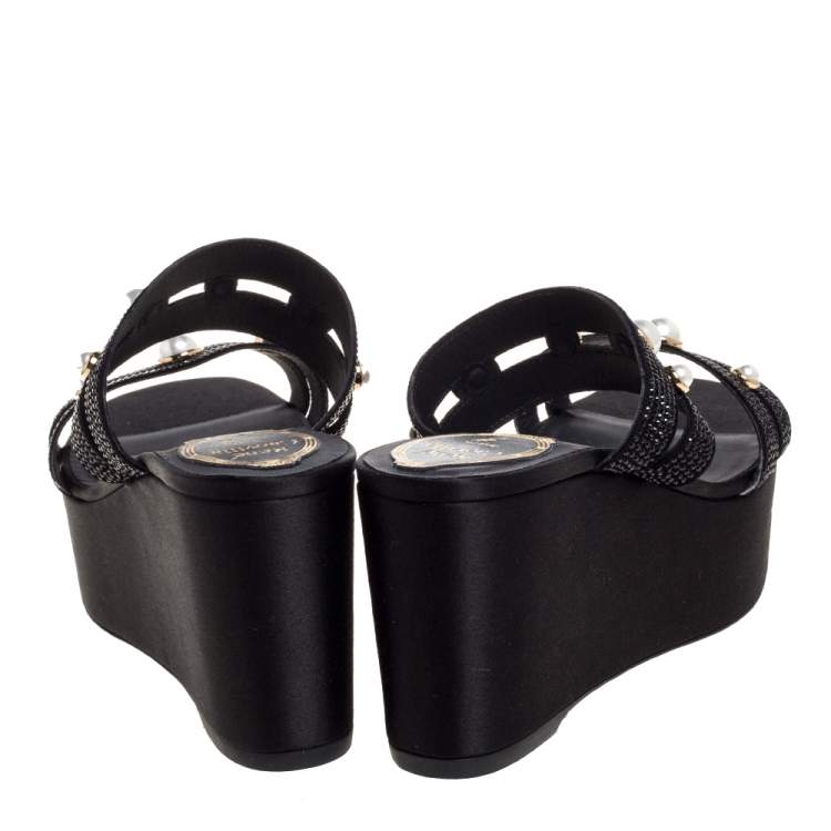 Pre Owned René Caovilla Black Crystal Embellished Suede Leather Lucia Wedge Platform Sandals Size 37