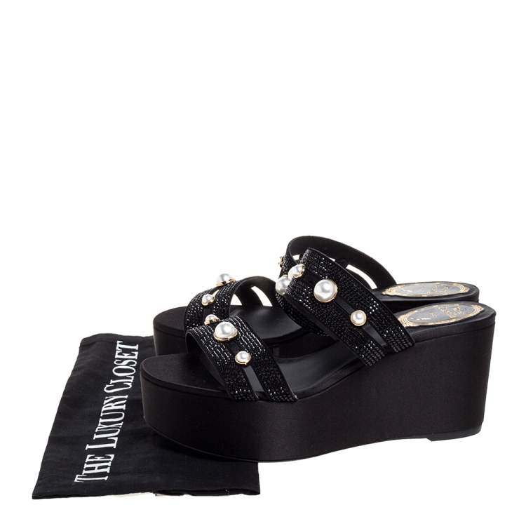 Pre Owned René Caovilla Black Crystal Embellished Suede Leather Lucia Wedge Platform Sandals Size 37