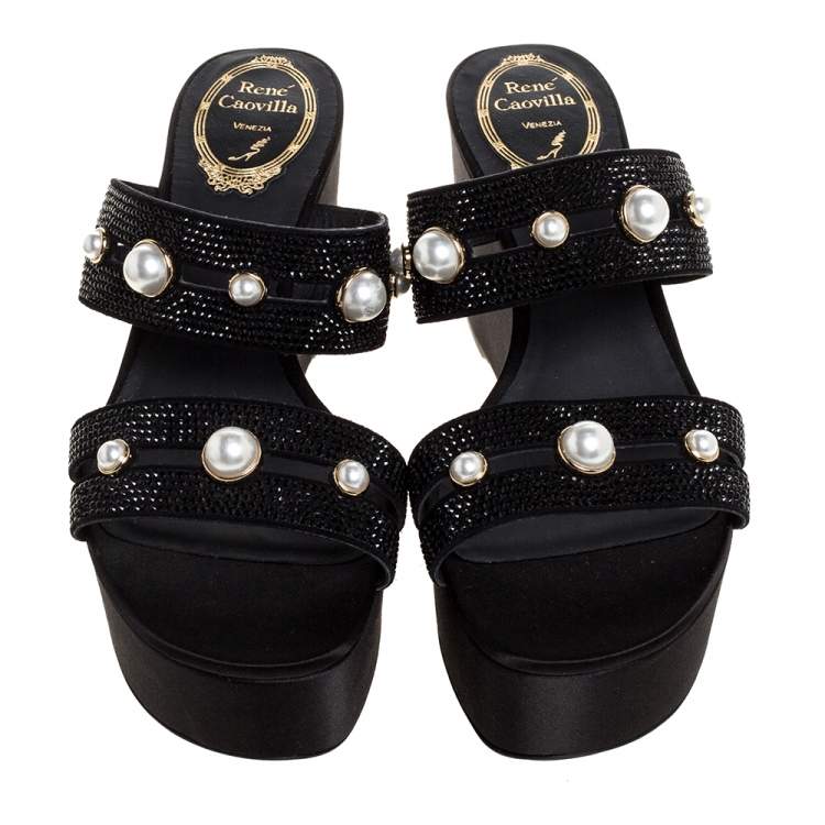 Pre Owned René Caovilla Black Crystal Embellished Suede Leather Lucia Wedge Platform Sandals Size 37