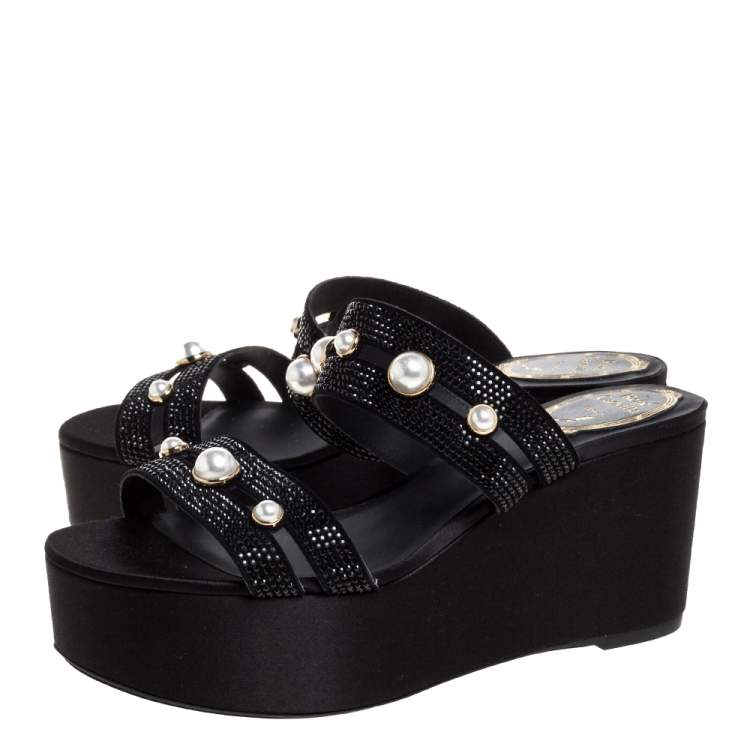 Pre Owned René Caovilla Black Crystal Embellished Suede Leather Lucia Wedge Platform Sandals Size 37