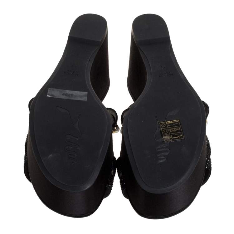 Pre Owned René Caovilla Black Crystal Embellished Suede Leather Lucia Wedge Platform Sandals Size 37