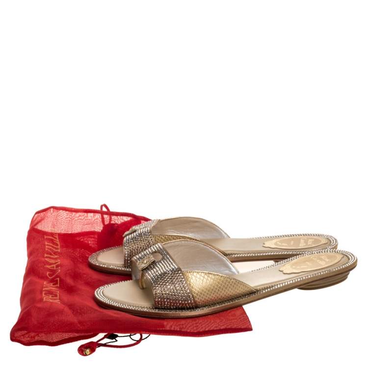 Pre Owned René Caovilla Gold Leather And Crystal Embellished Satin Thong Flat Slides Size 36