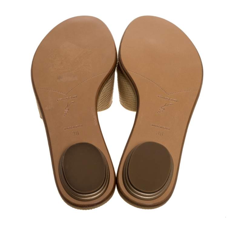 Pre Owned René Caovilla Gold Leather And Crystal Embellished Satin Thong Flat Slides Size 36