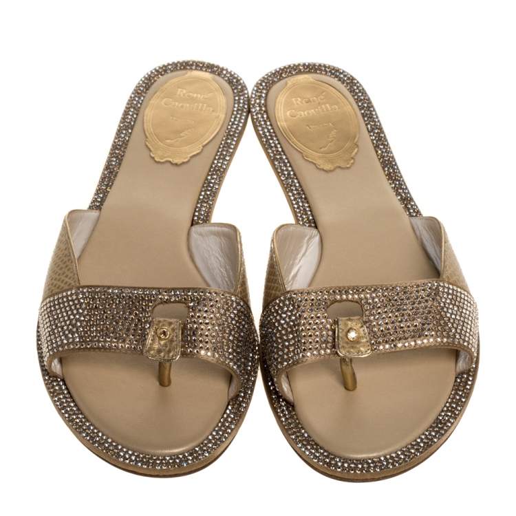 Pre Owned René Caovilla Gold Leather And Crystal Embellished Satin Thong Flat Slides Size 36