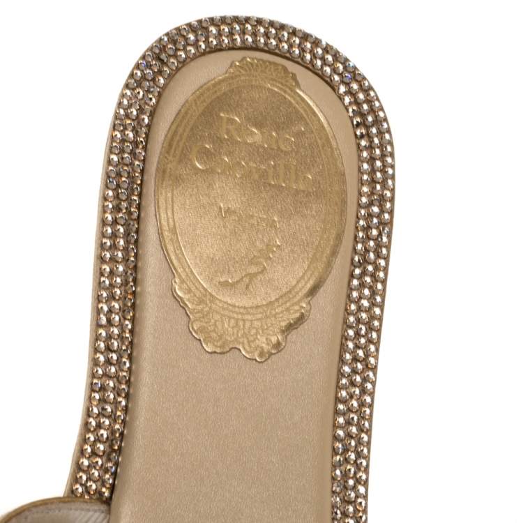 Pre Owned René Caovilla Gold Leather And Crystal Embellished Satin Thong Flat Slides Size 36