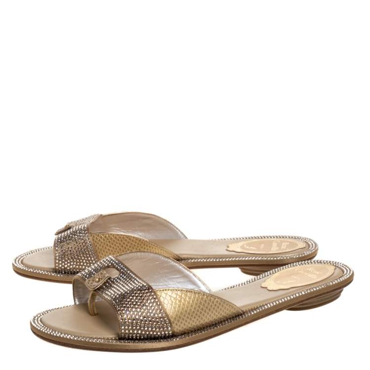 Pre Owned René Caovilla Gold Leather And Crystal Embellished Satin Thong Flat Slides Size 36