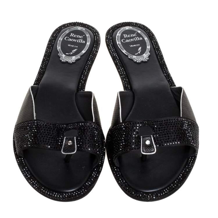 مملوكة مسبقًا René Caovilla Black Satin And Lizard Embossed Leather Flat Slides Size 38