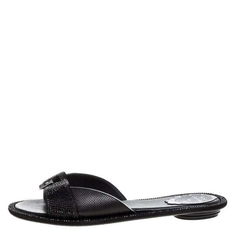 مملوكة مسبقًا René Caovilla Black Satin And Lizard Embossed Leather Flat Slides Size 38