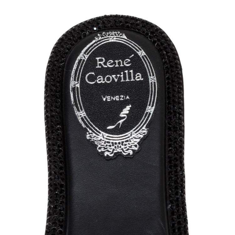 مملوكة مسبقًا René Caovilla Black Satin And Lizard Embossed Leather Flat Slides Size 38