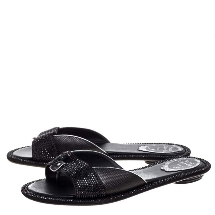 مملوكة مسبقًا René Caovilla Black Satin And Lizard Embossed Leather Flat Slides Size 38