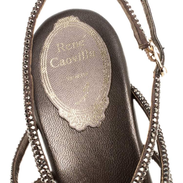 Pre Owned René Caovilla Metallic Crystal Embellished Satin Platform Ankle Strap Sandals Size 38