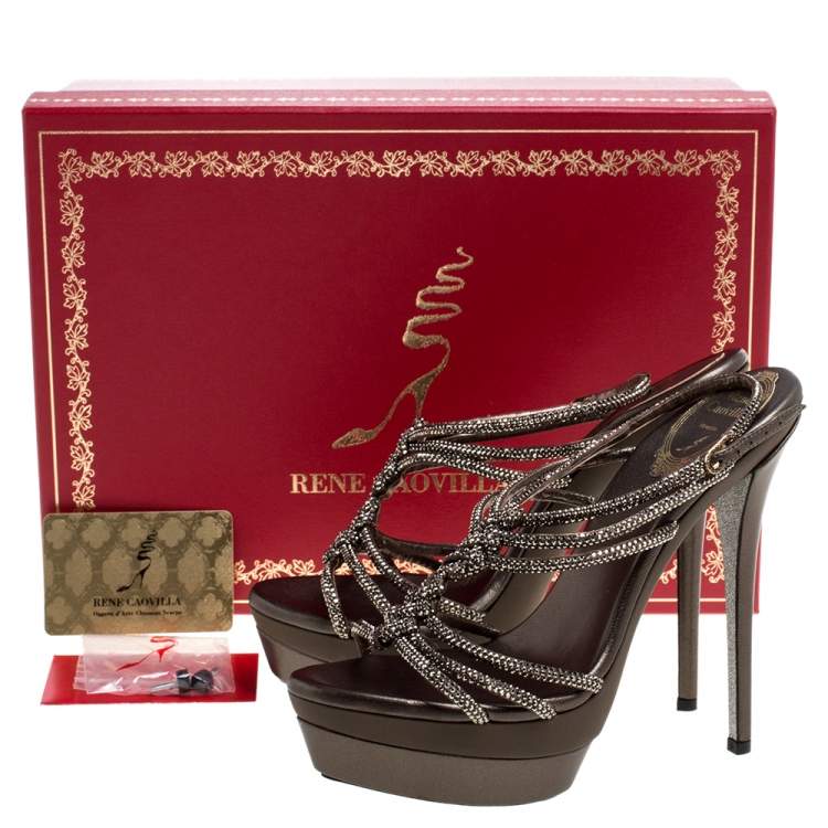 Pre Owned René Caovilla Metallic Crystal Embellished Satin Platform Ankle Strap Sandals Size 38