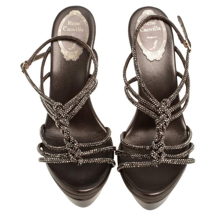 Pre Owned René Caovilla Metallic Crystal Embellished Satin Platform Ankle Strap Sandals Size 38