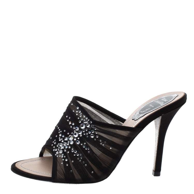 Pre Owned Rene Caovilla Black Chiffon Crystal Embellished Slide Sandals Size 37