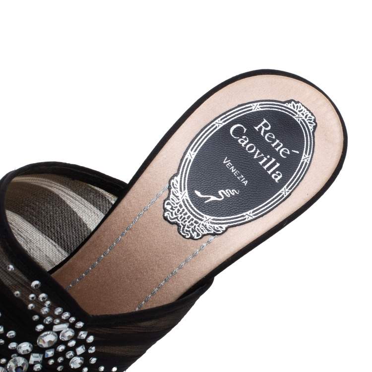 Pre Owned Rene Caovilla Black Chiffon Crystal Embellished Slide Sandals Size 37