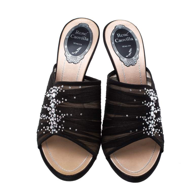 Pre Owned Rene Caovilla Black Chiffon Crystal Embellished Slide Sandals Size 37