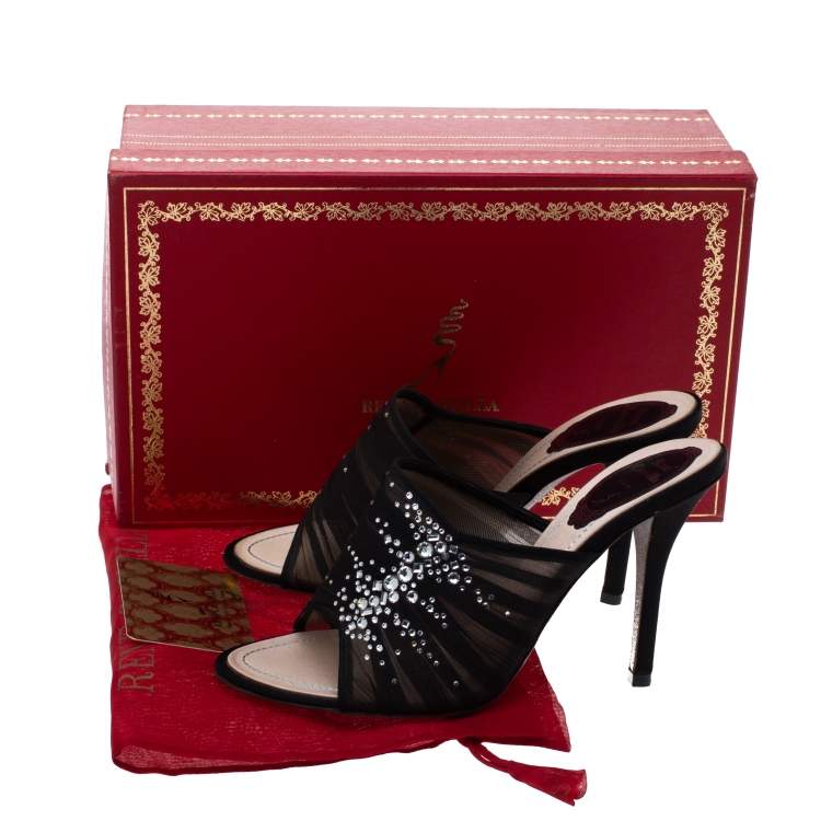 Pre Owned Rene Caovilla Black Chiffon Crystal Embellished Slide Sandals Size 37