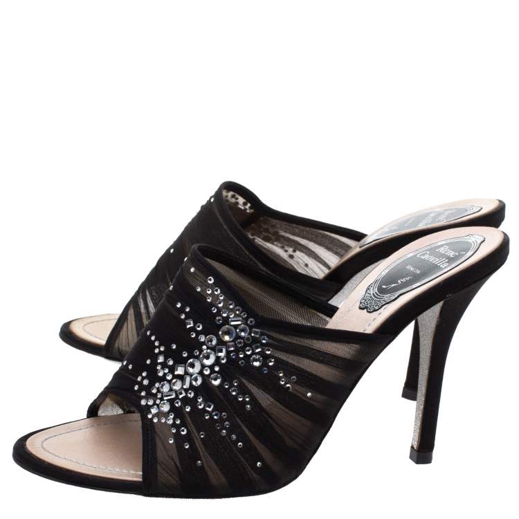 Pre Owned Rene Caovilla Black Chiffon Crystal Embellished Slide Sandals Size 37