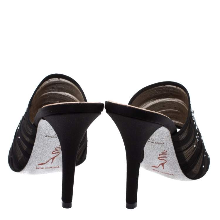 Pre Owned Rene Caovilla Black Chiffon Crystal Embellished Slide Sandals Size 37